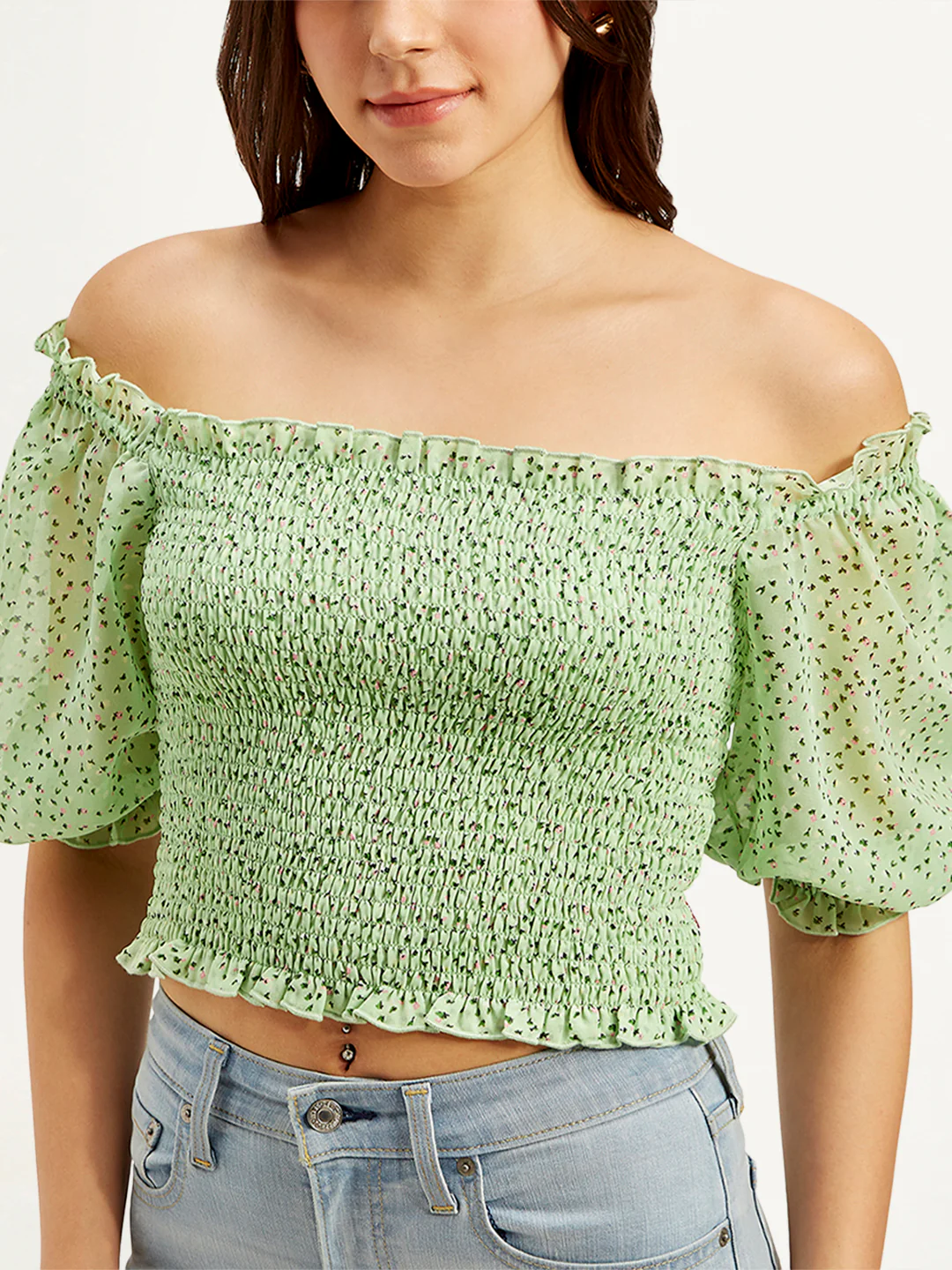 Women's Floral Green Off Shoulder Top - Image 4