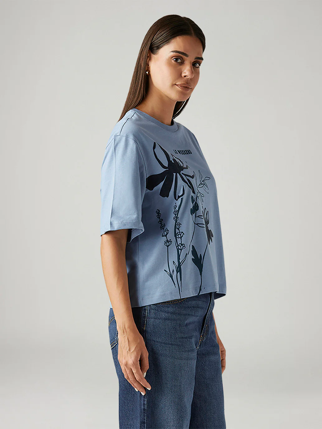Women's Floral Light Blue Relaxed Fit T-shirt - Image 4