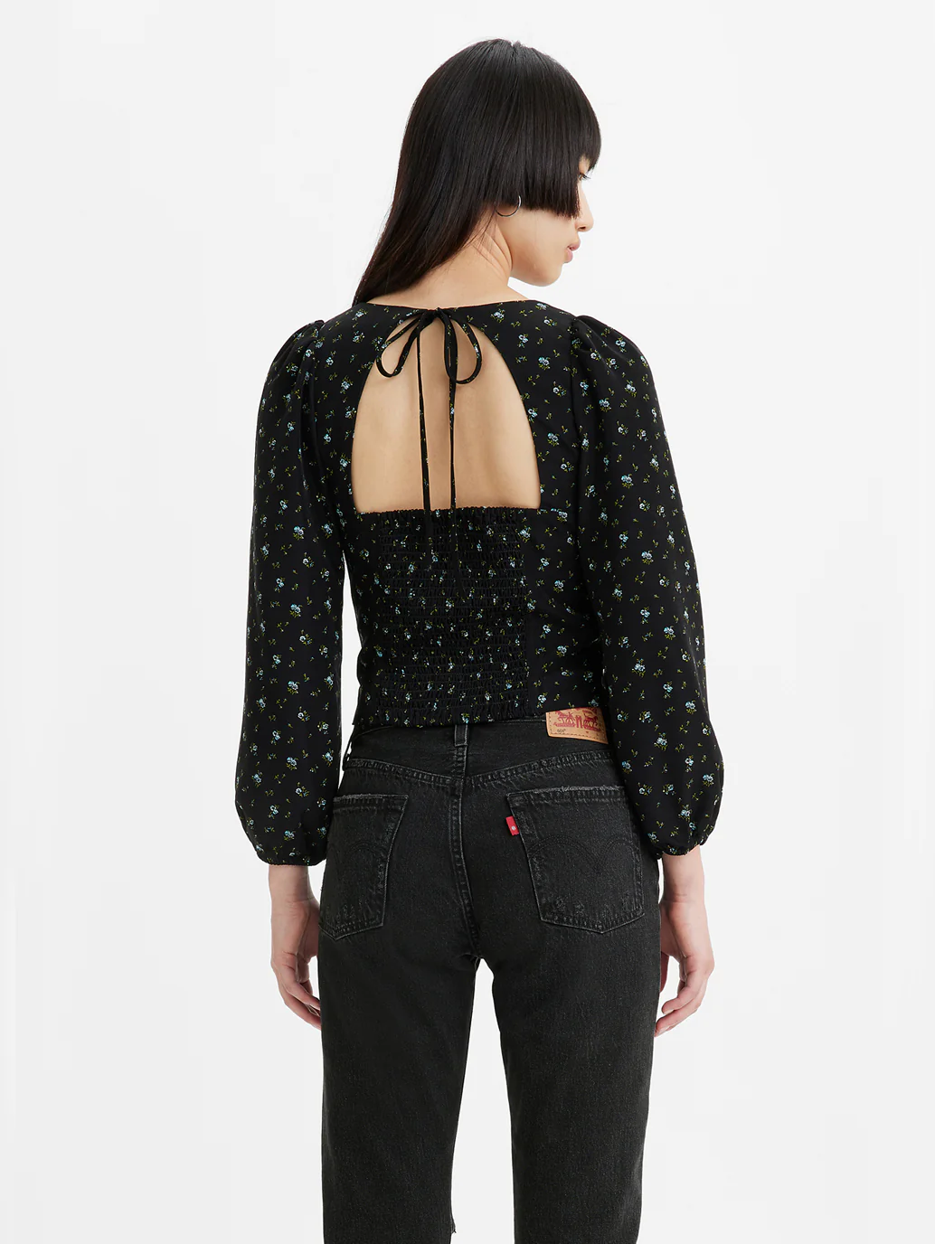 Women's Floral Print Black Square Neck Top - Image 2
