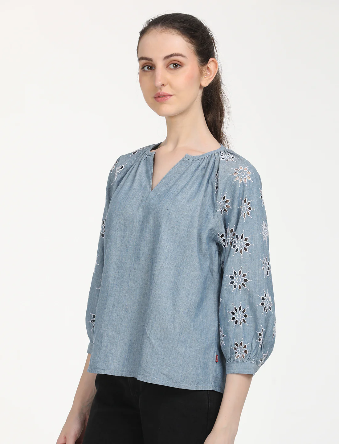 Women's Floral Print Blue Peasant Top - Image 2