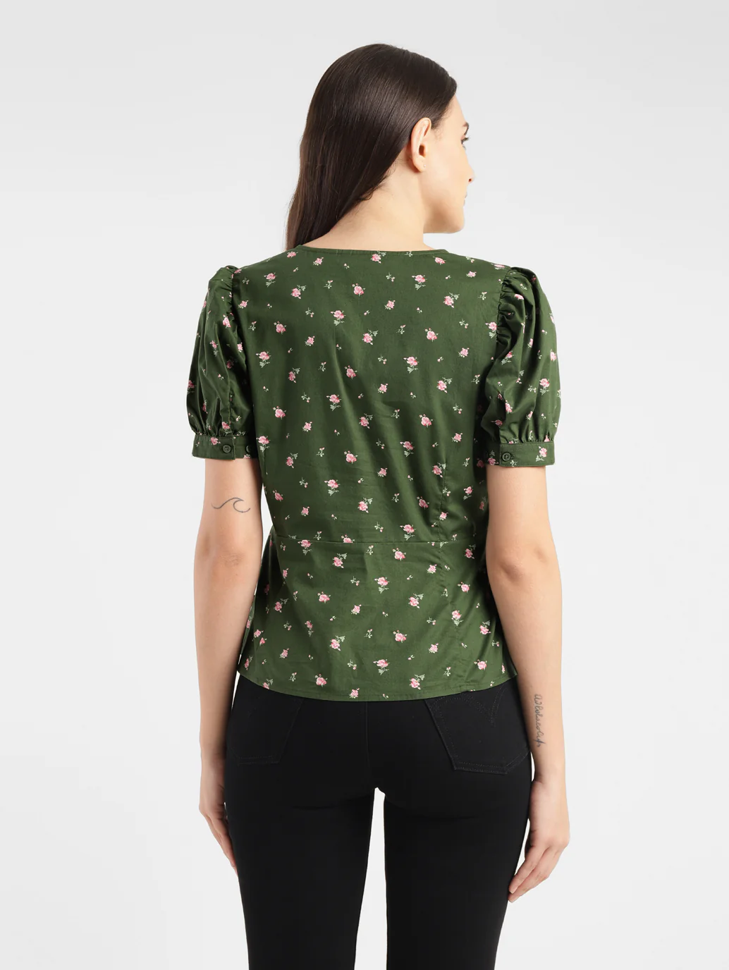 Women's Floral Print Green V Neck Top - Image 3