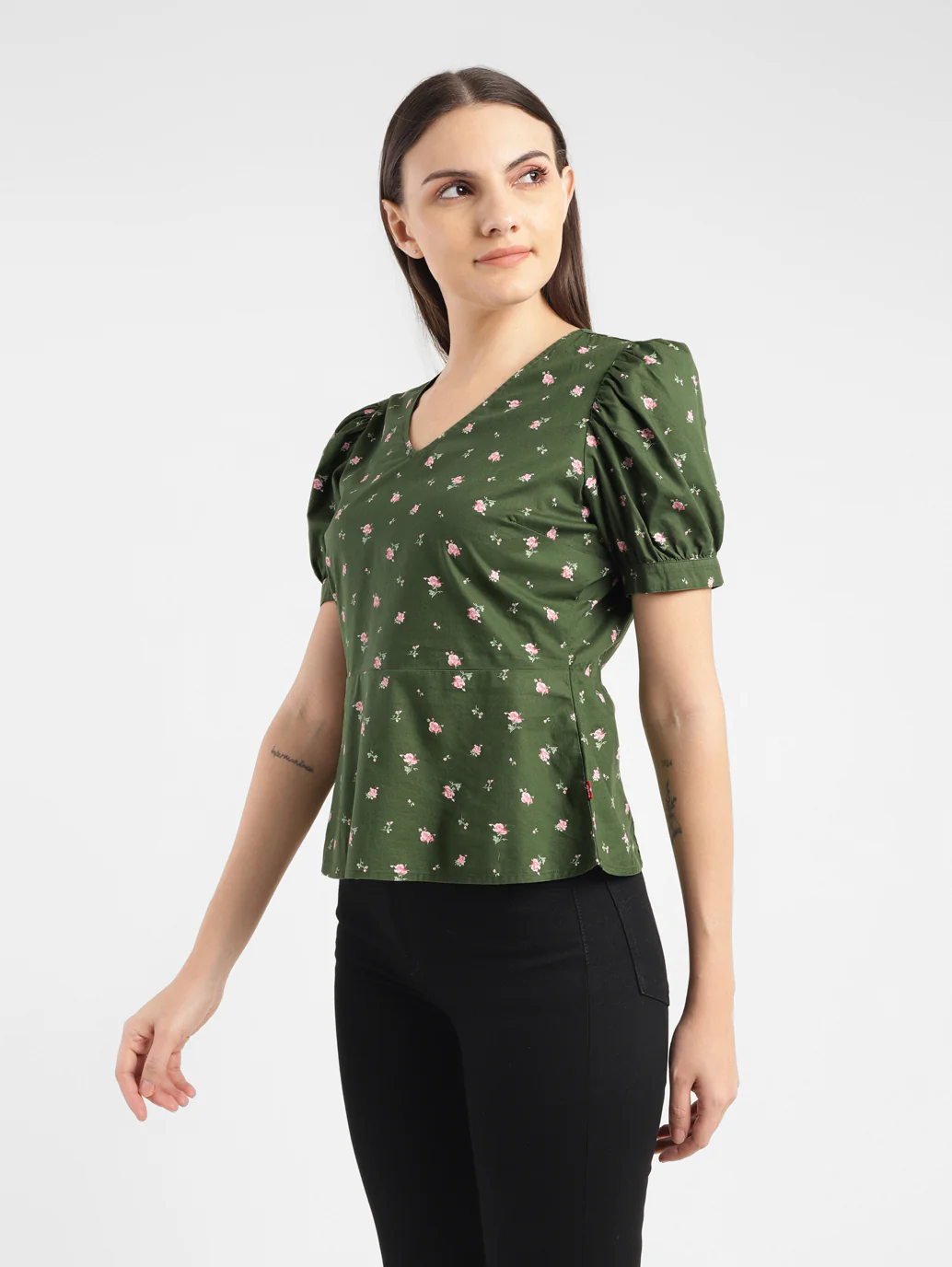 Women's Floral Print Green V Neck Top - Image 4