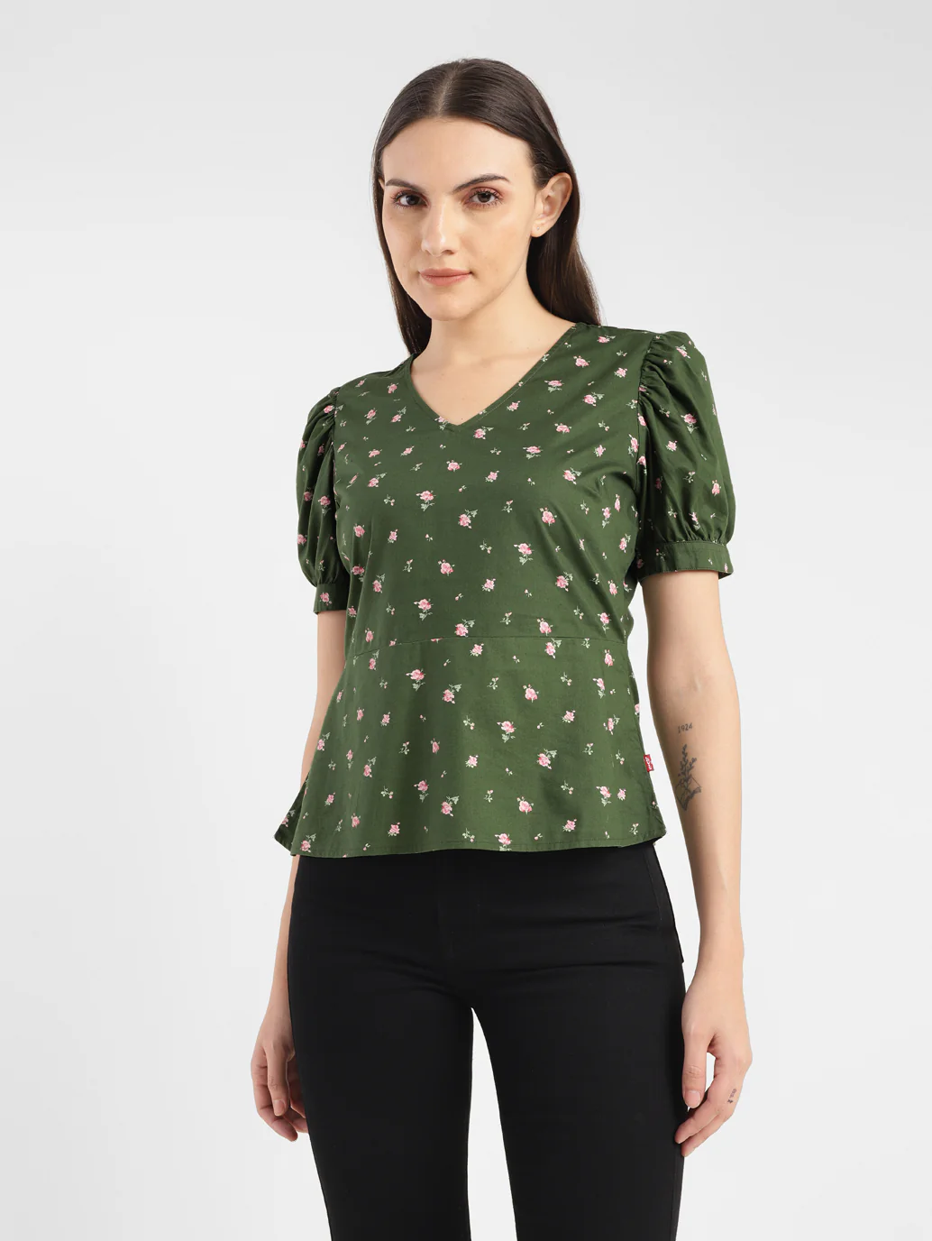 Women's Floral Print Green V Neck Top - Image 7