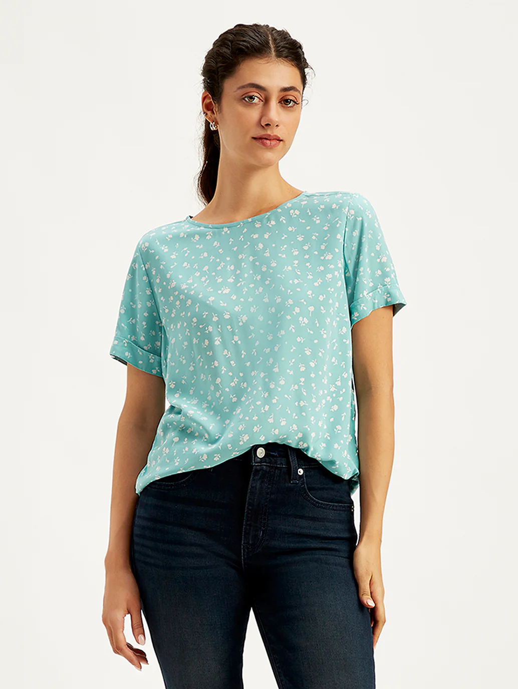 Women's Floral Print Light-Blue Round Neck Top - Image 2