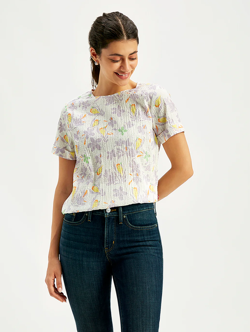 Women's Floral Print Off-White Round Neck Top - Image 3