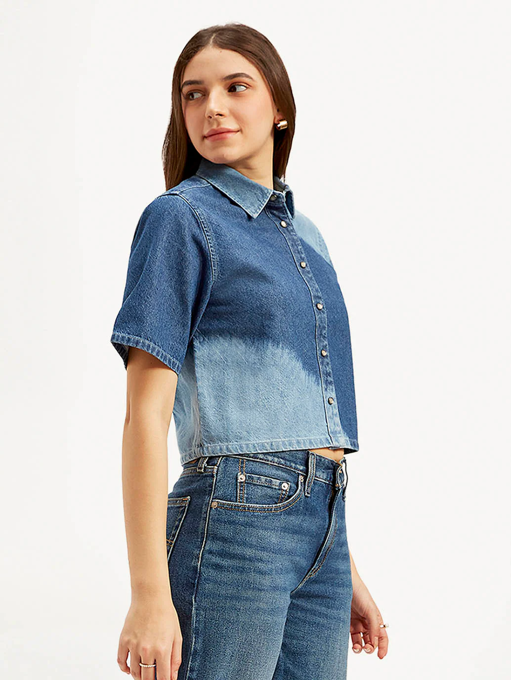 Women's Colorblock Spread Collar Denim Shirt - Image 6