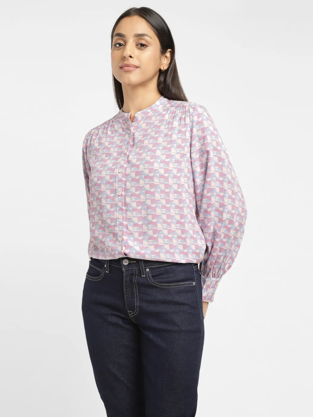 Women's Geometric Band Neck Shirt - Image 6