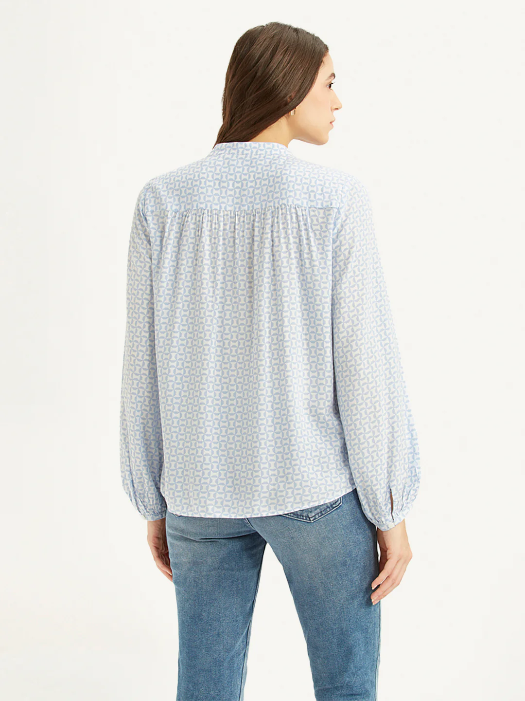 Women's Geometric Light Blue Band Neck Top - Image 2