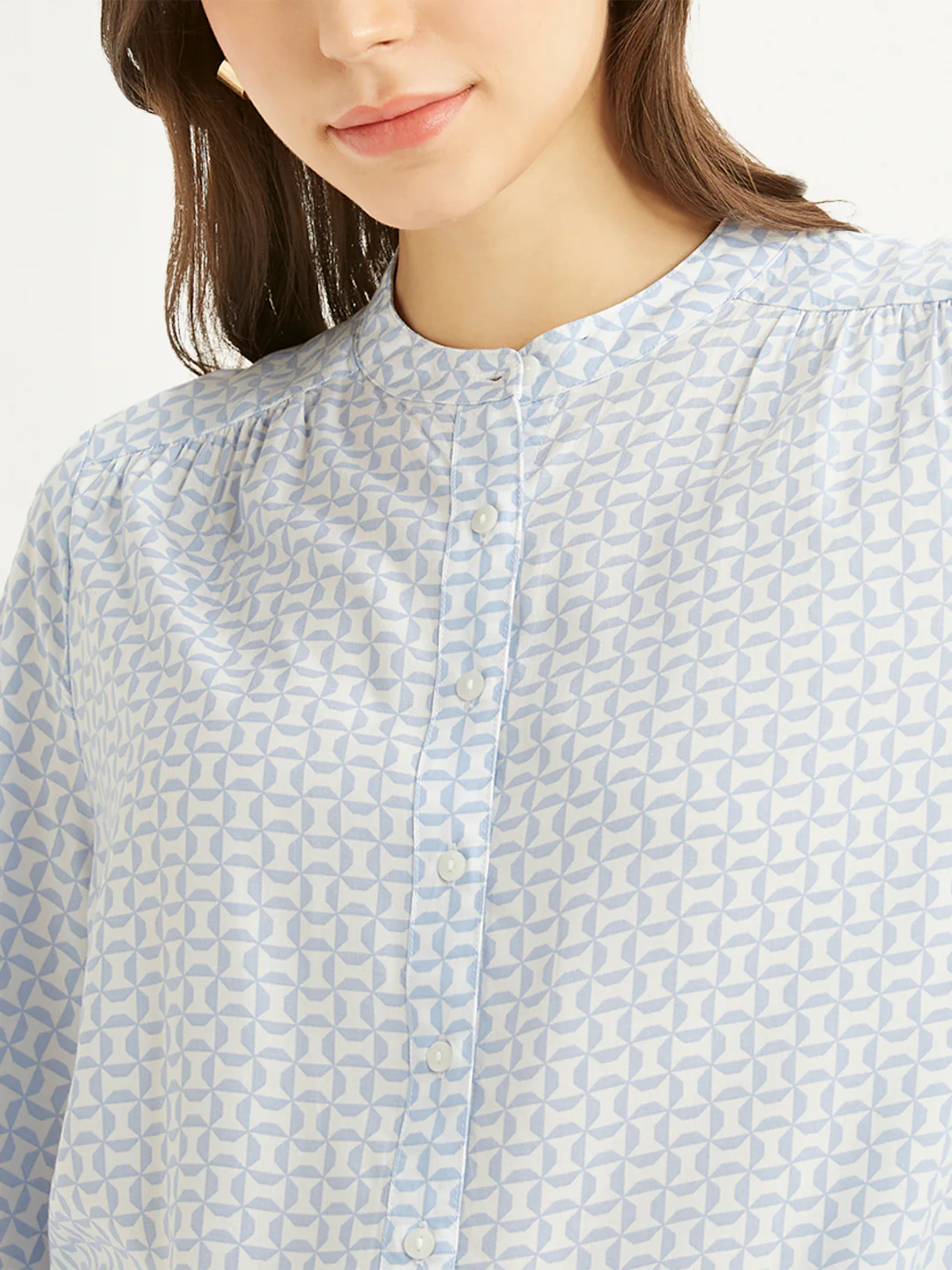 Women's Geometric Light Blue Band Neck Top - Image 3