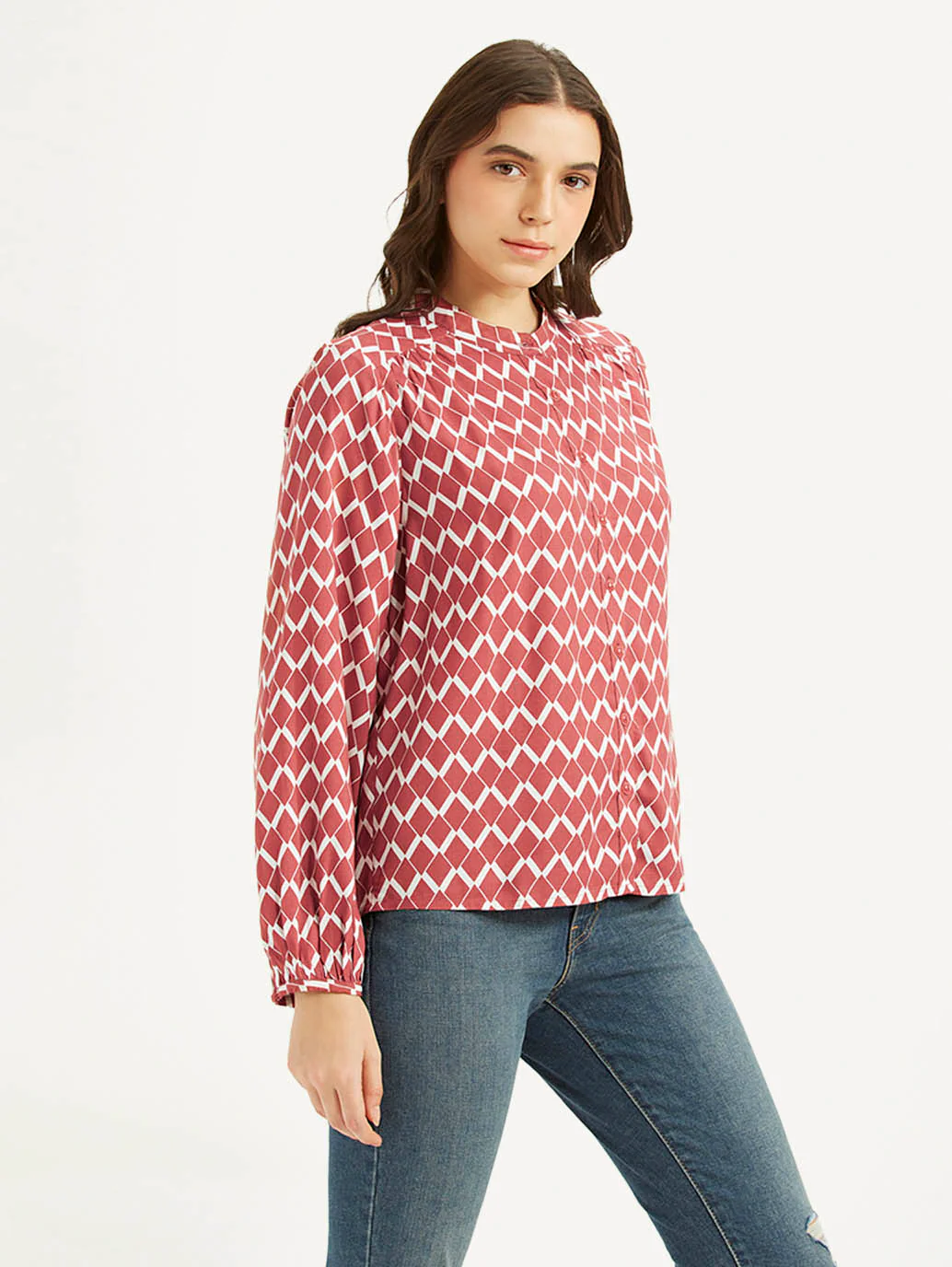 Women's Geometric Red Band Neck Top - Image 4