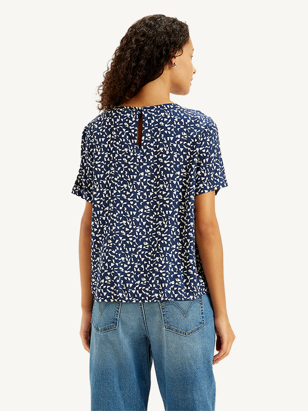 Women's Geometric Print Navy Round Neck Top - Image 2