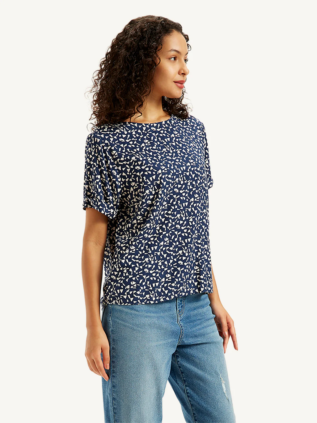 Women's Geometric Print Navy Round Neck Top - Image 3