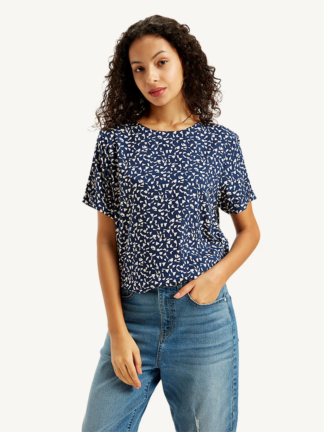 Women's Geometric Print Navy Round Neck Top - Image 5