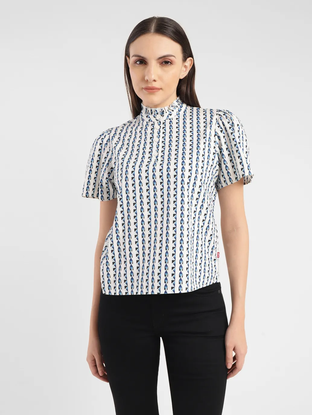 Women's Geometric White Band Neck Top - Image 2