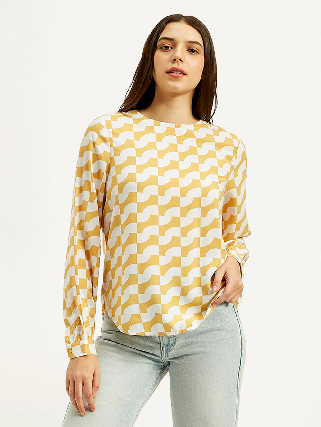 Women's Geometric White Round Neck Top - Image 2