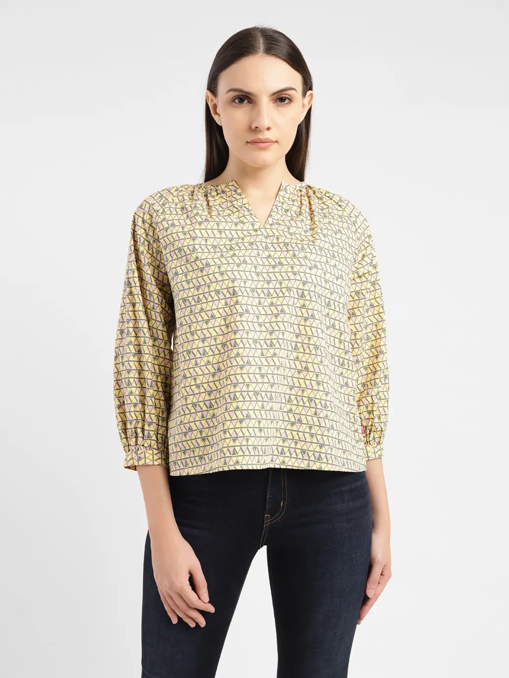 Women's Geometric Yellow Mandarin Neck Top - Image 2
