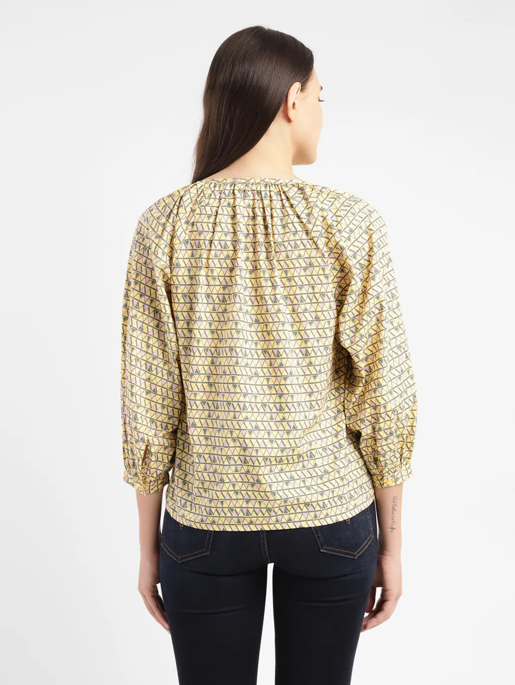 Women's Geometric Yellow Mandarin Neck Top - Image 3