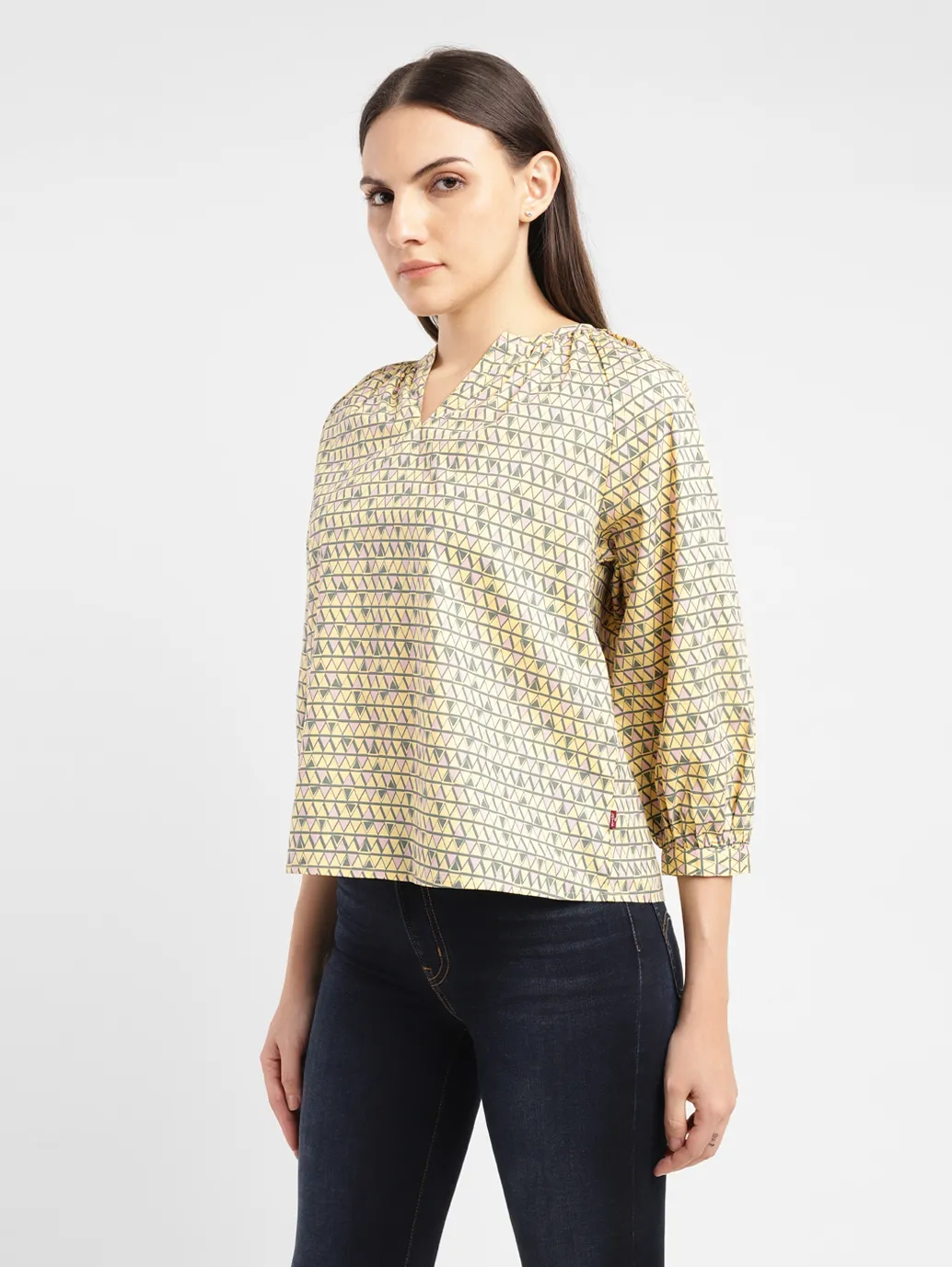 Women's Geometric Yellow Mandarin Neck Top - Image 4
