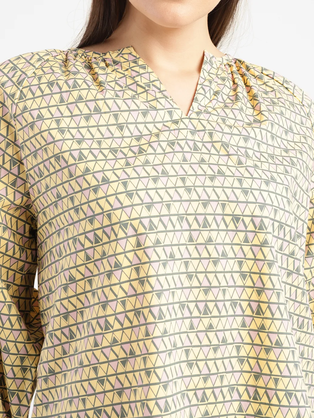 Women's Geometric Yellow Mandarin Neck Top - Image 5