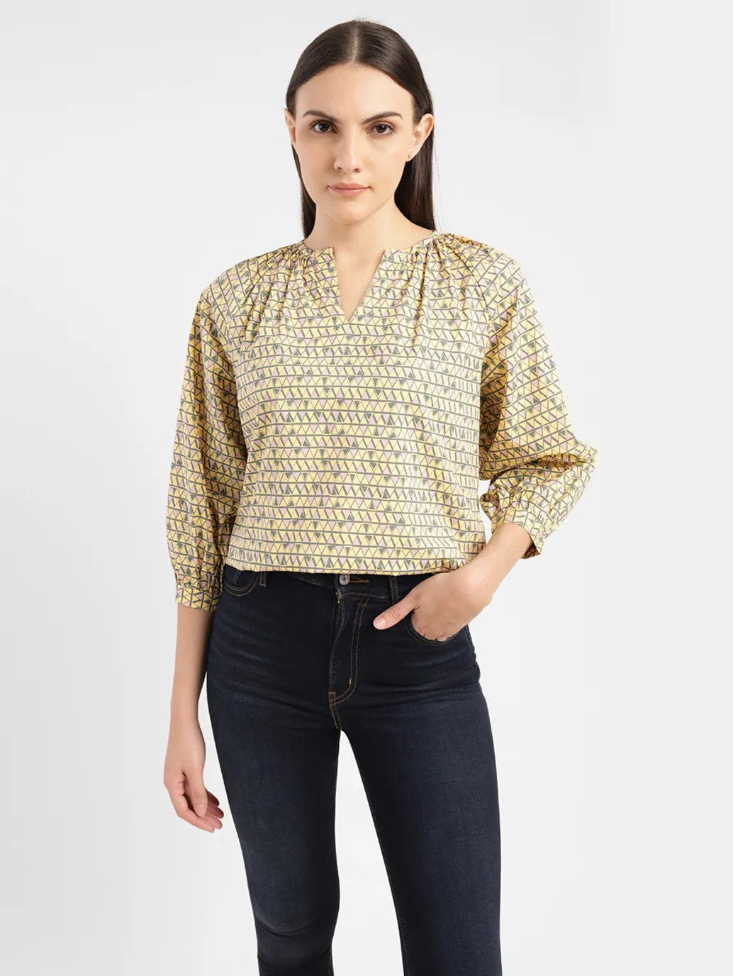 Women's Geometric Yellow Mandarin Neck Top - Image 6