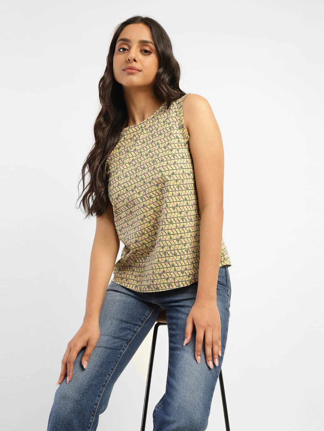 Women's Geometric Yellow Round Neck Top - Image 2