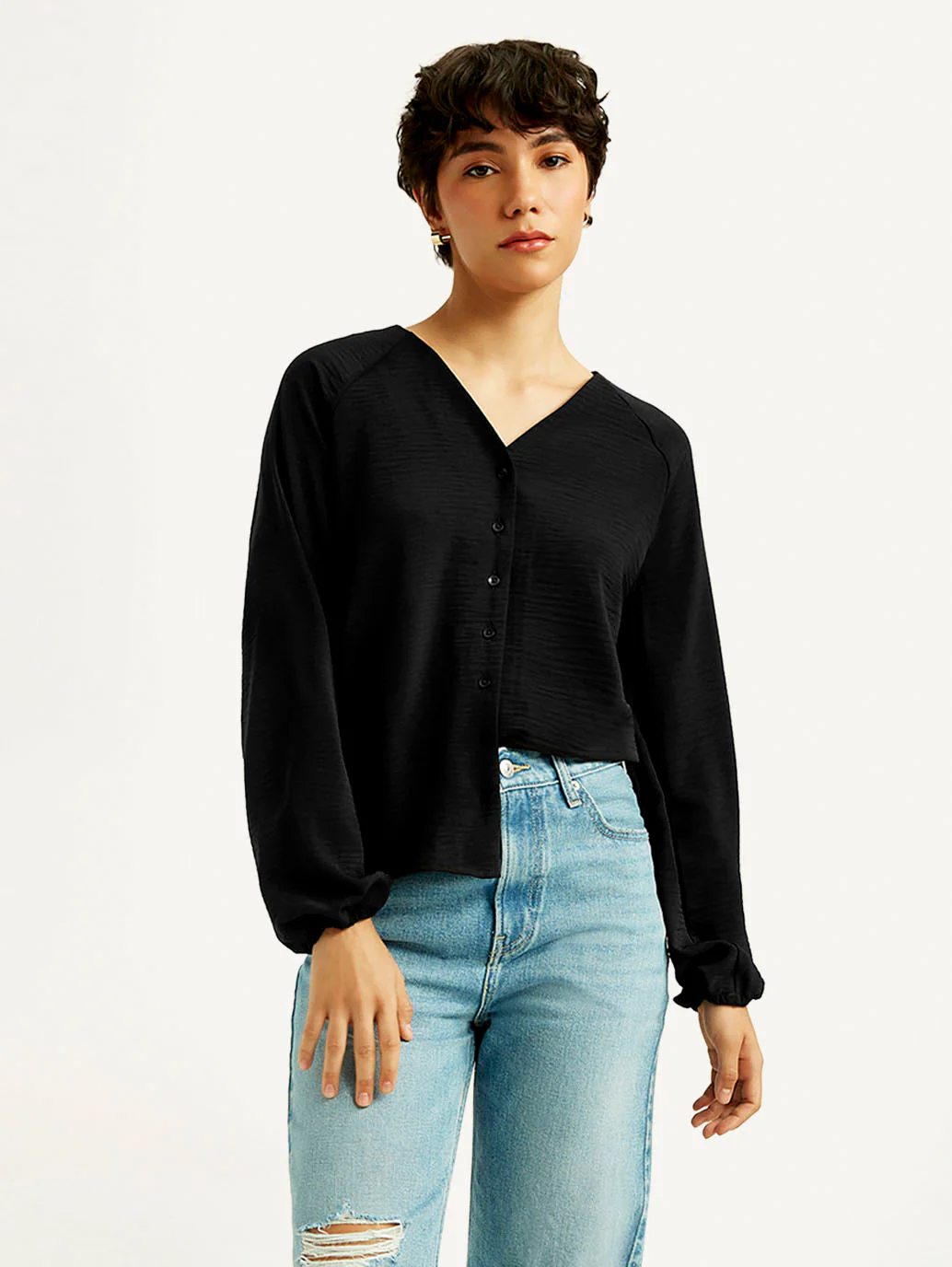 Women's Textured Black V Neck Top