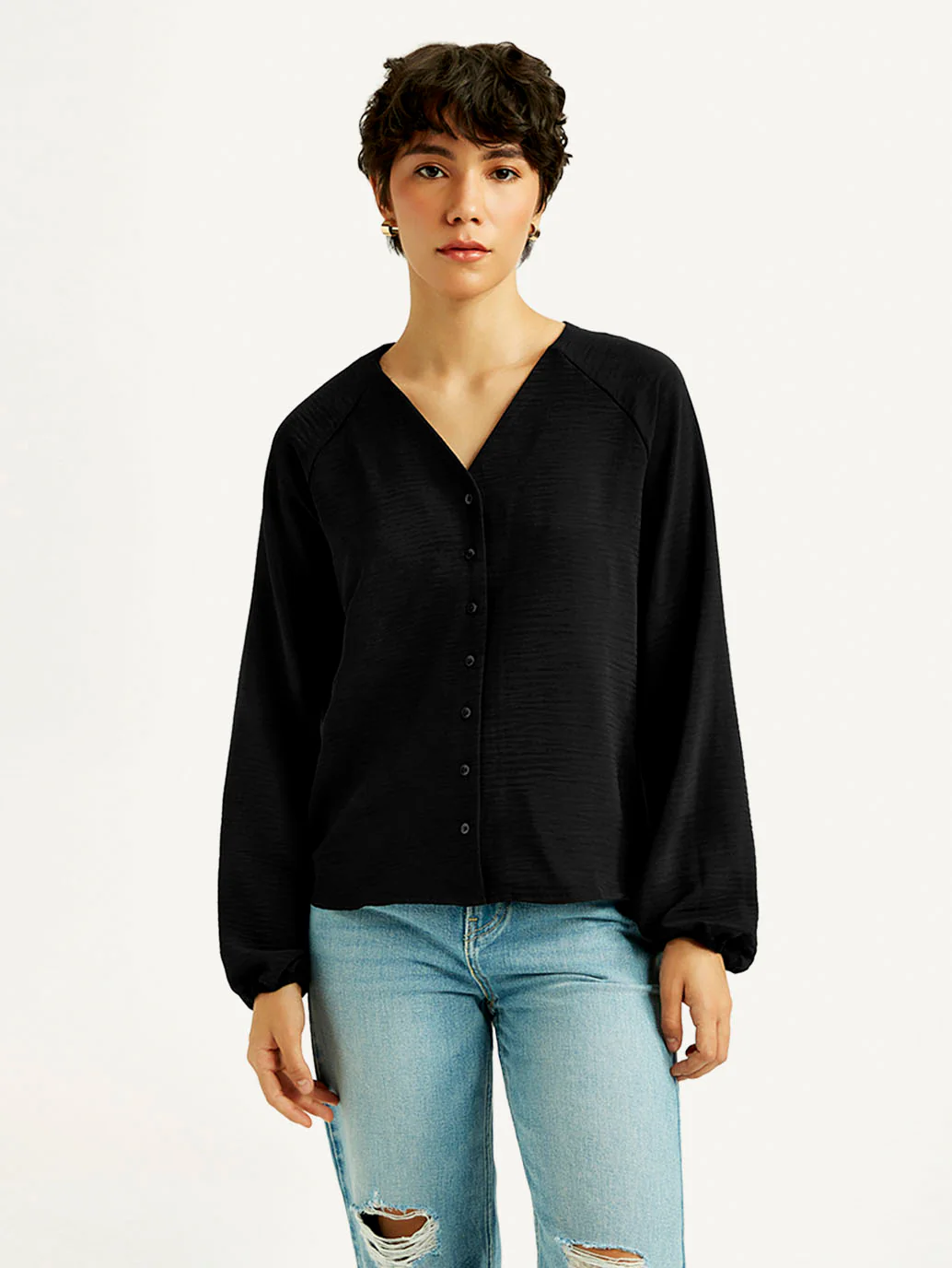 Women's Textured Black V Neck Top - Image 2