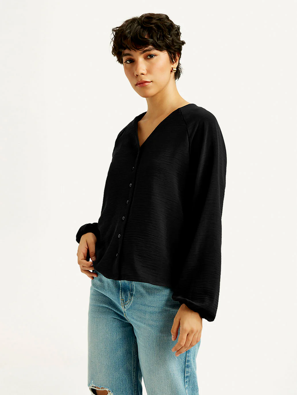 Women's Textured Black V Neck Top - Image 5