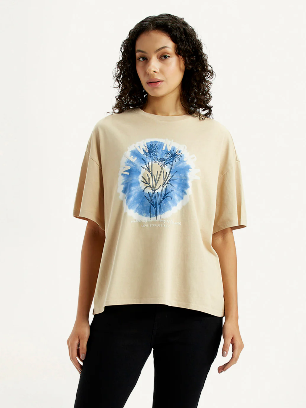 Women's Graphic Print Beige Relaxed Fit T-shirt - Image 2