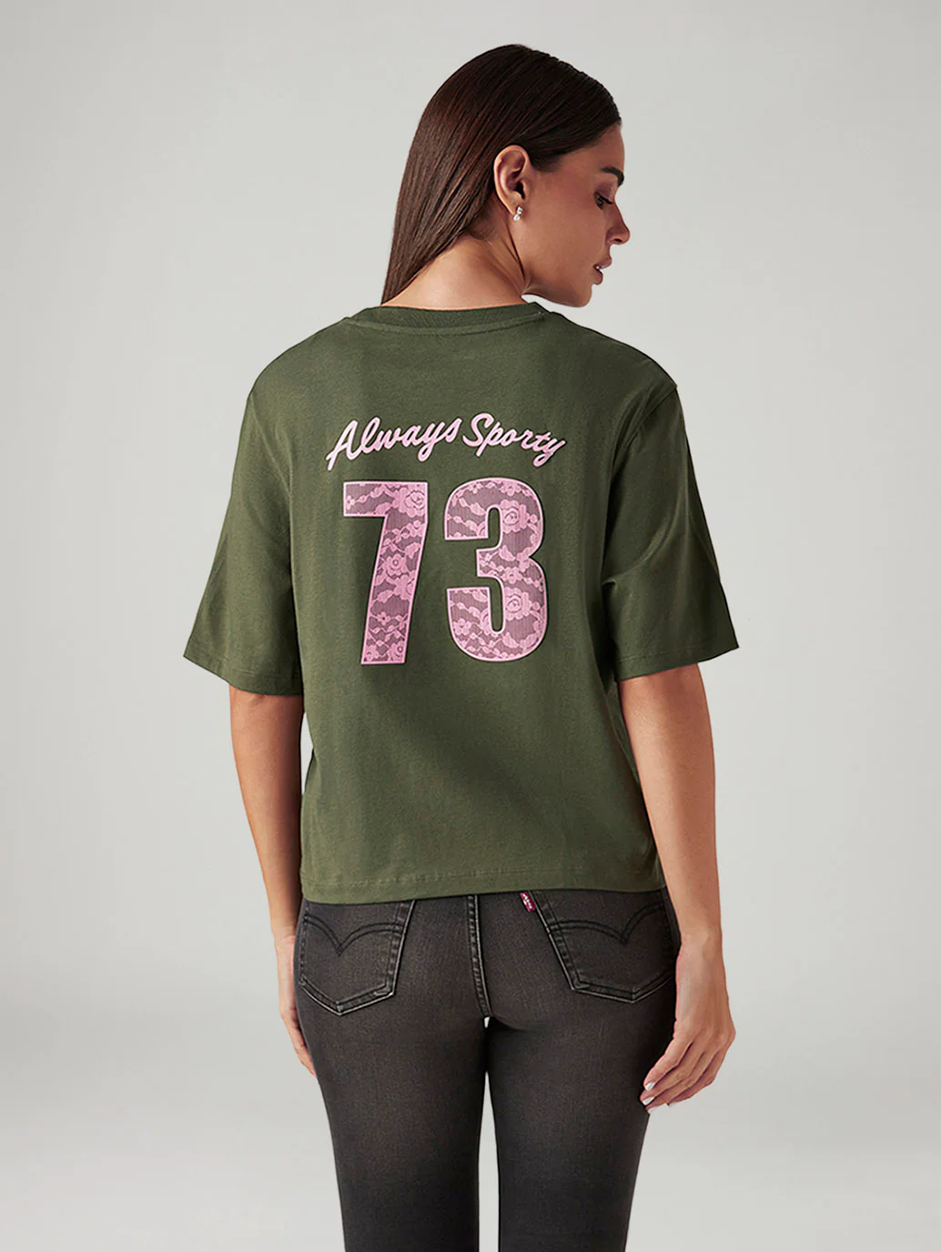 Women's Graphic Print Olive Relaxed Fit T-shirt - Image 3