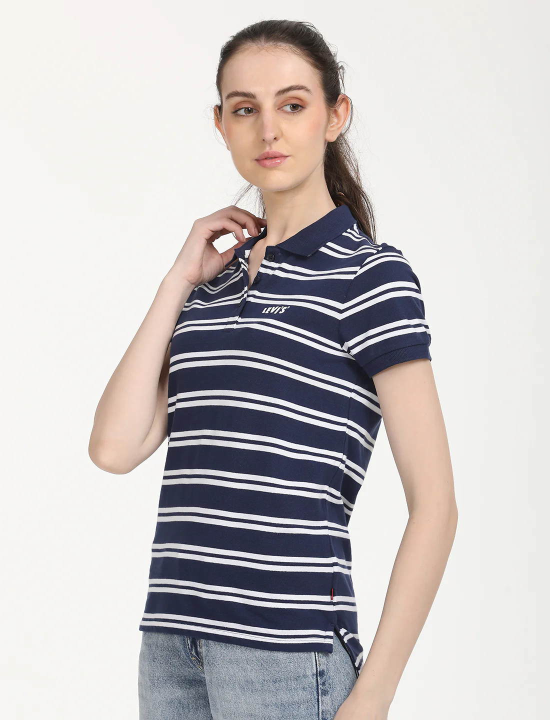 Women's Striped Print Polo T-Shirt - Image 2