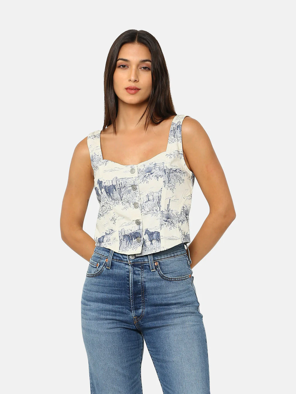 Women's Graphic Print White Sweet Heart Neck Top - Image 2