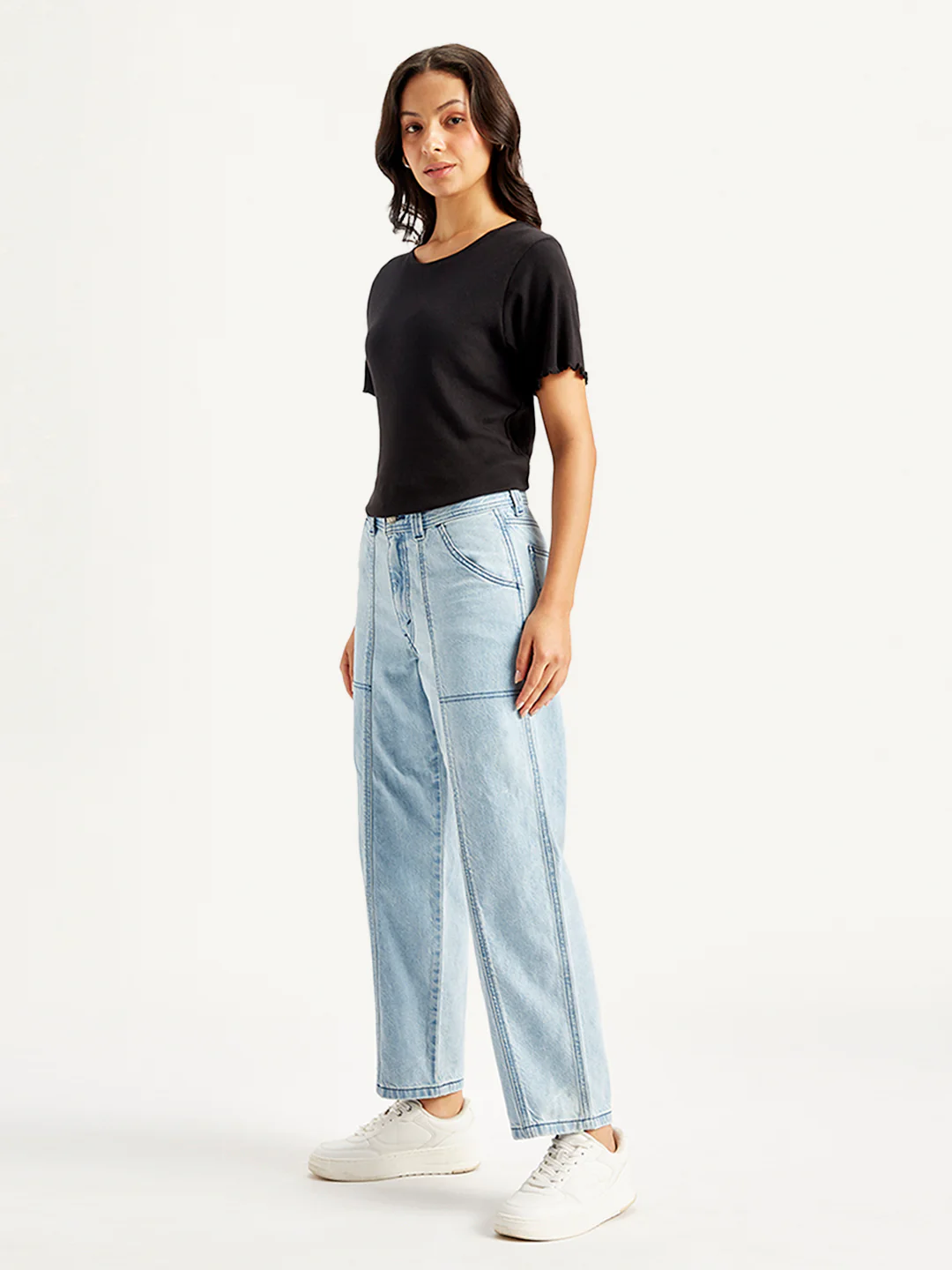 Women's Blue Baggy Fit High Rise Carpenter Jeans - Image 4