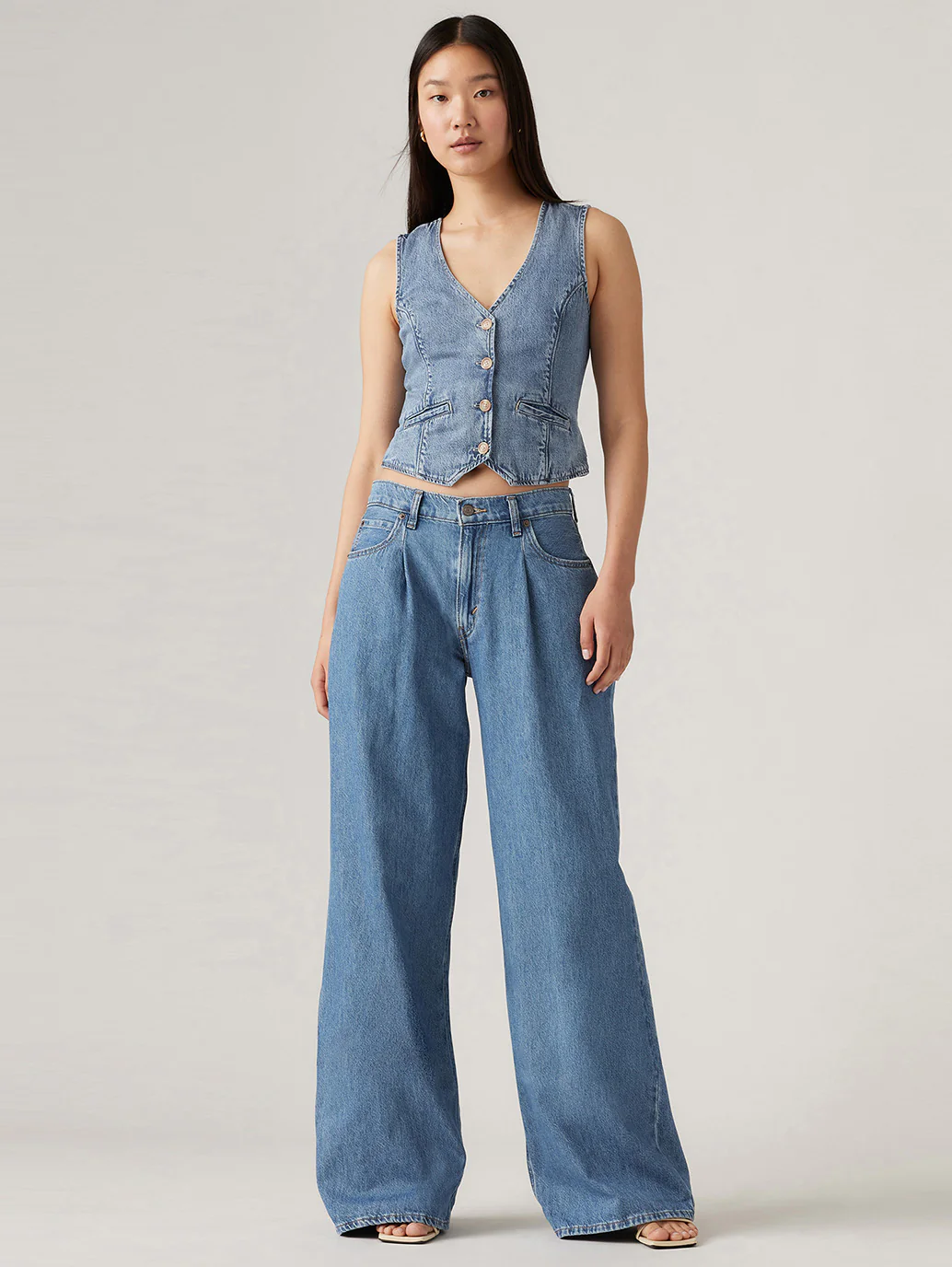 Women's Blue Baggy Dad Wide Leg Fit Low Rise Jeans