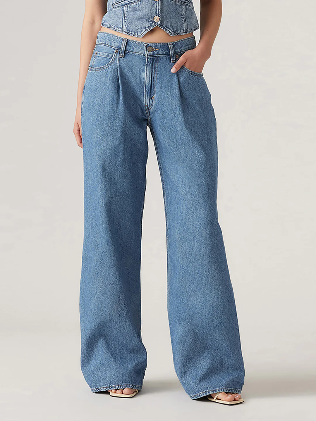 Women's Blue Baggy Dad Wide Leg Fit Low Rise Jeans - Image 2
