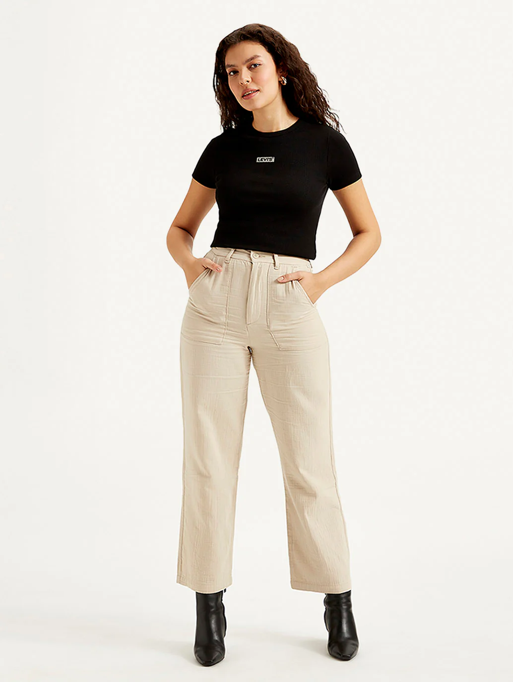 Women's High Rise Beige Loose Fit Trousers - Image 2