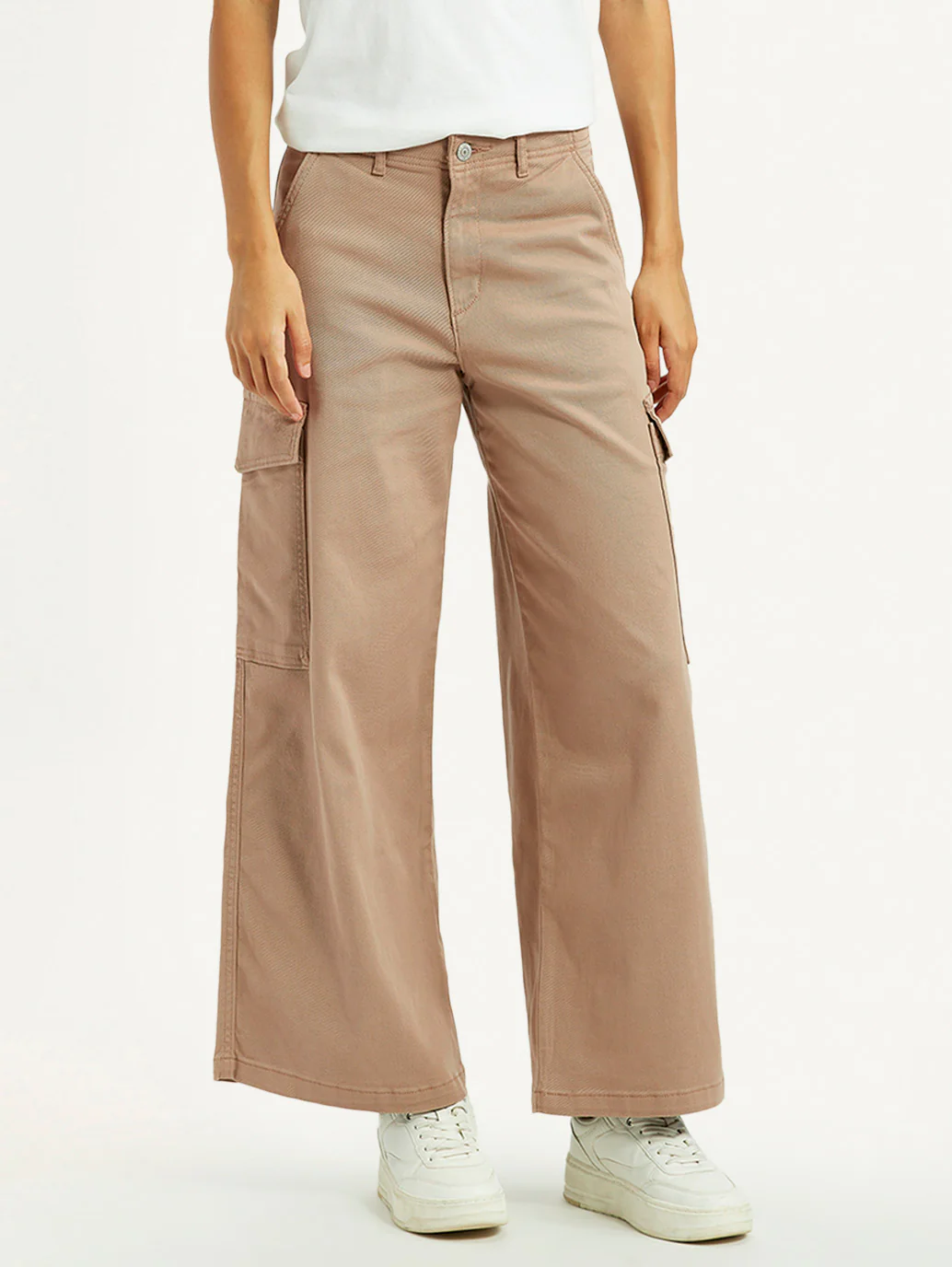 Women's Beige Regular Fit High Rise Cargo Trousers - Image 2