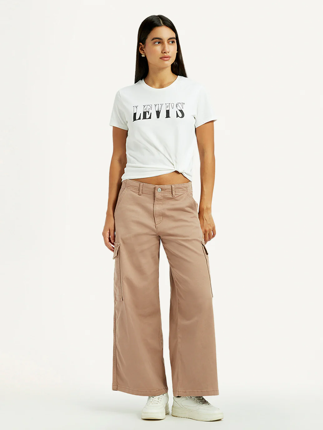 Women's Beige Regular Fit High Rise Cargo Trousers - Image 6