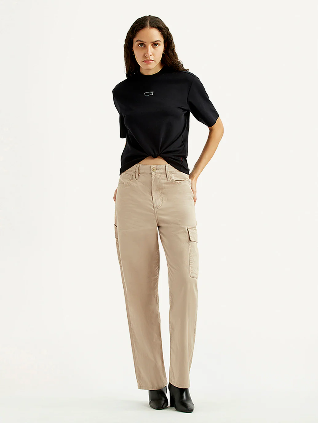Women's High Rise Beige Ribcage Straight Fit Cargo Trousers