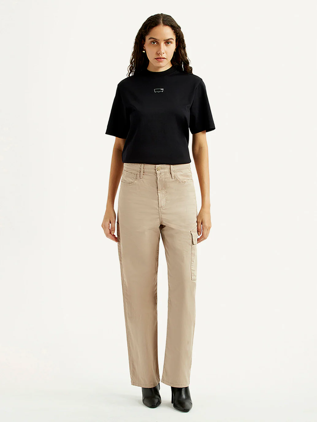 Women's High Rise Beige Ribcage Straight Fit Cargo Trousers - Image 2