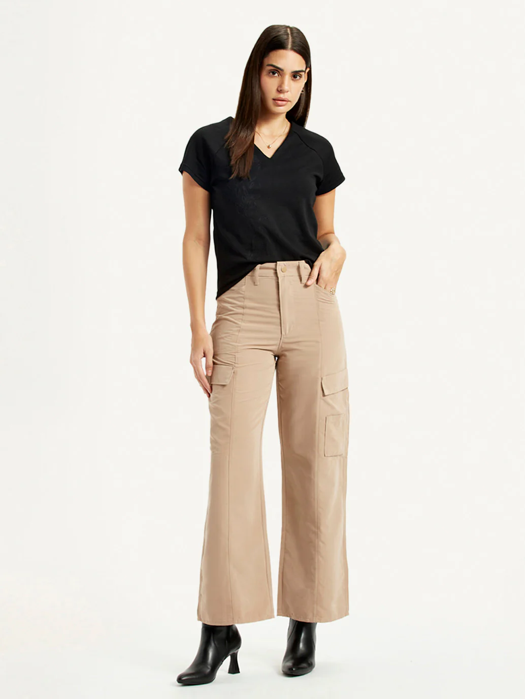 Women's High Rise Beige Wide Leg Fit Cargo Trouser