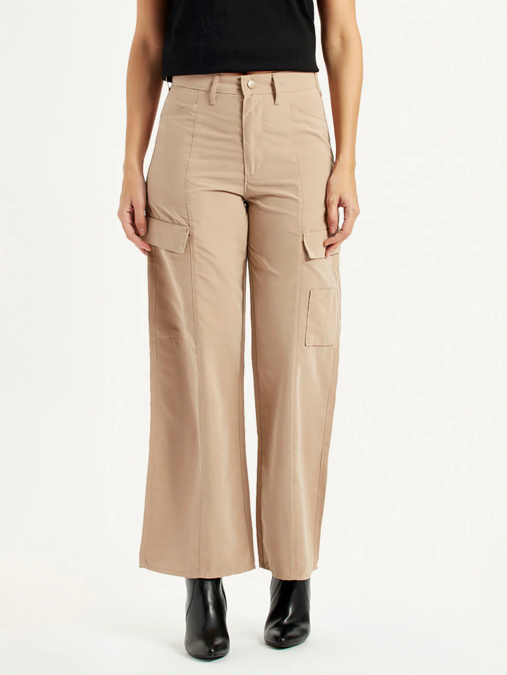 Women's High Rise Beige Wide Leg Fit Cargo Trouser - Image 3