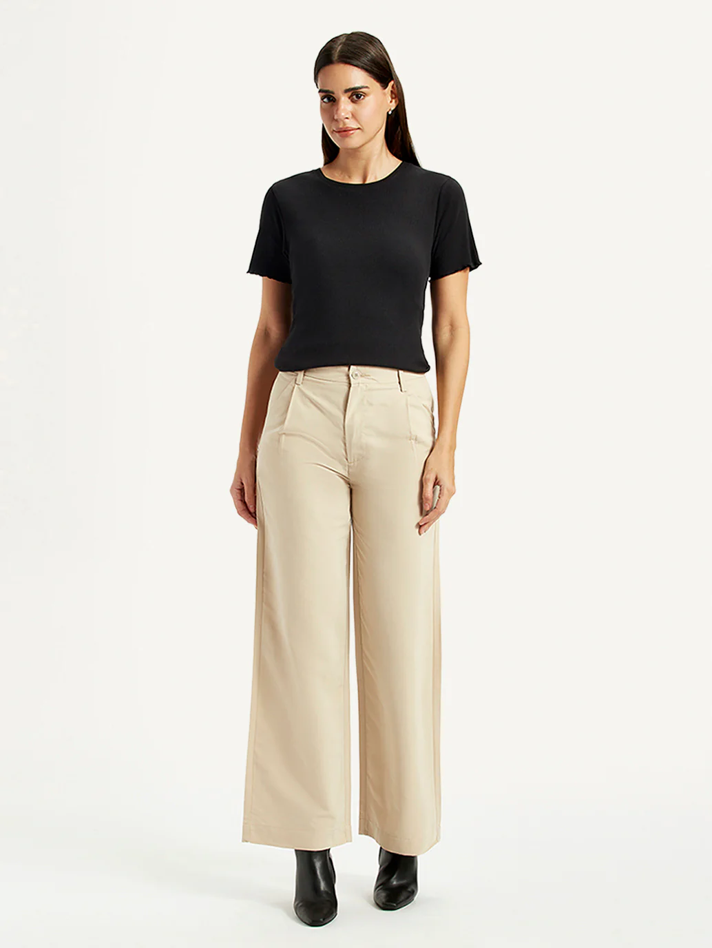 Women's Beige Wide Leg Fit High Rise Trousers - Image 6