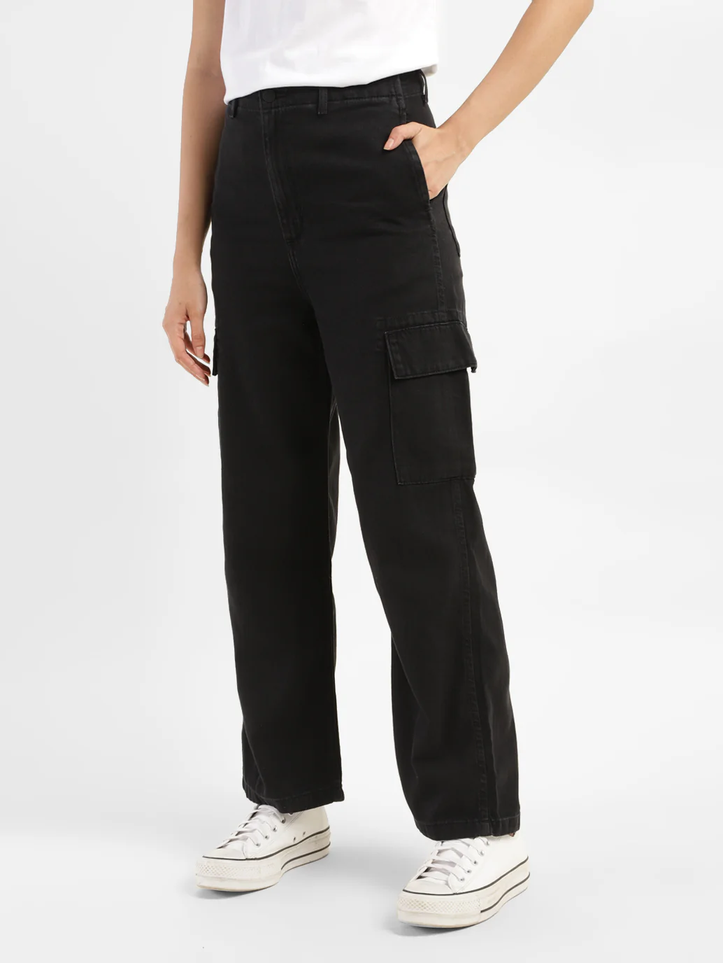 Women's High Rise Black Loose Fit Cargo Jeans - Image 3