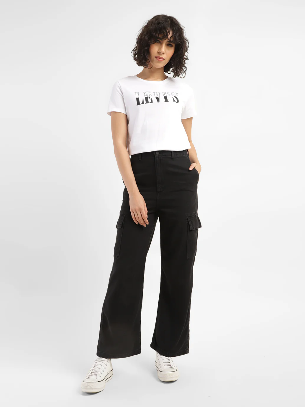 Women's High Rise Black Loose Fit Cargo Jeans - Image 6