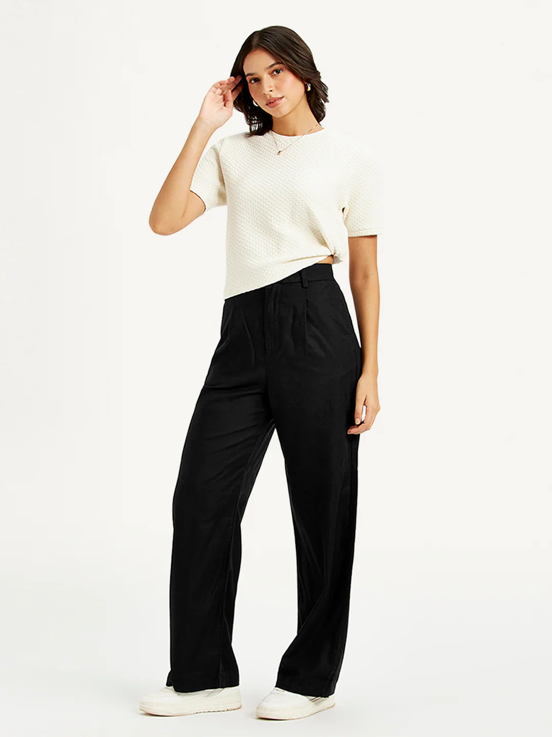 Women's High Rise Black Loose Fit Trousers