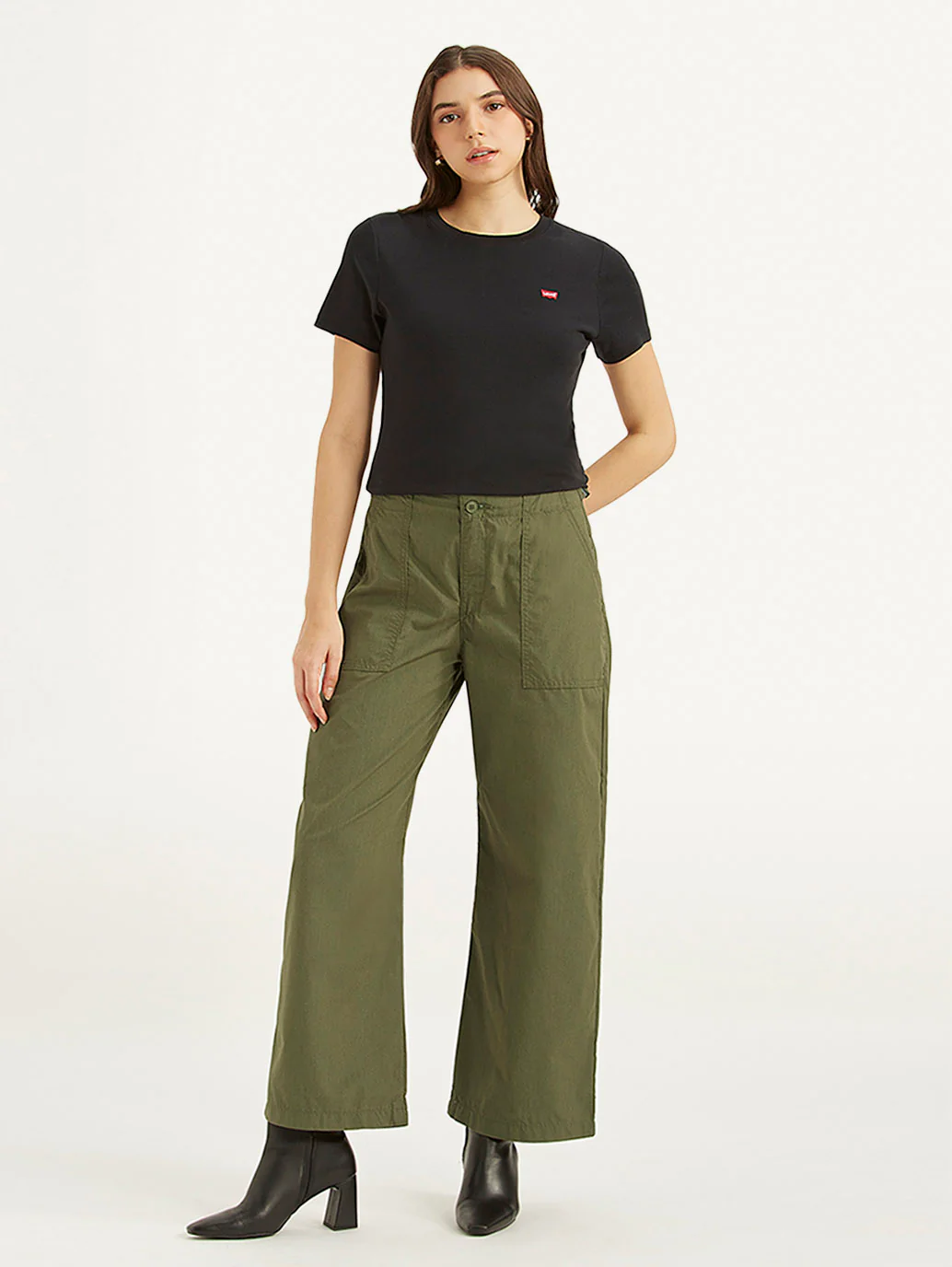 Women's Mid Rise Olive Baggy Cargo Trousers - Image 2