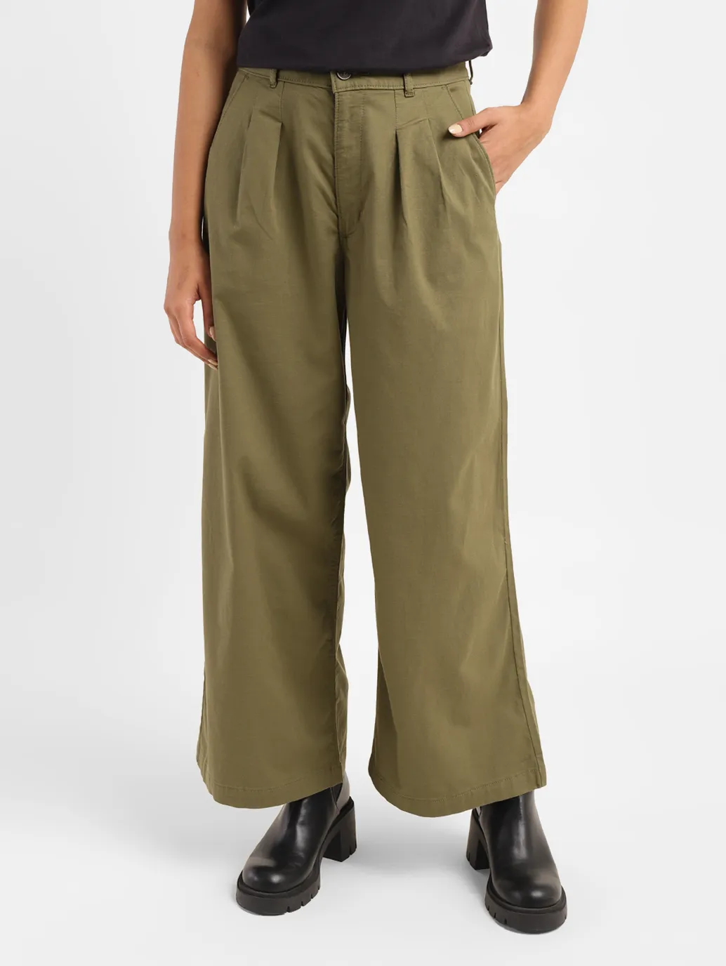 Women's High Rise Olive Loose Fit Trousers - Image 2