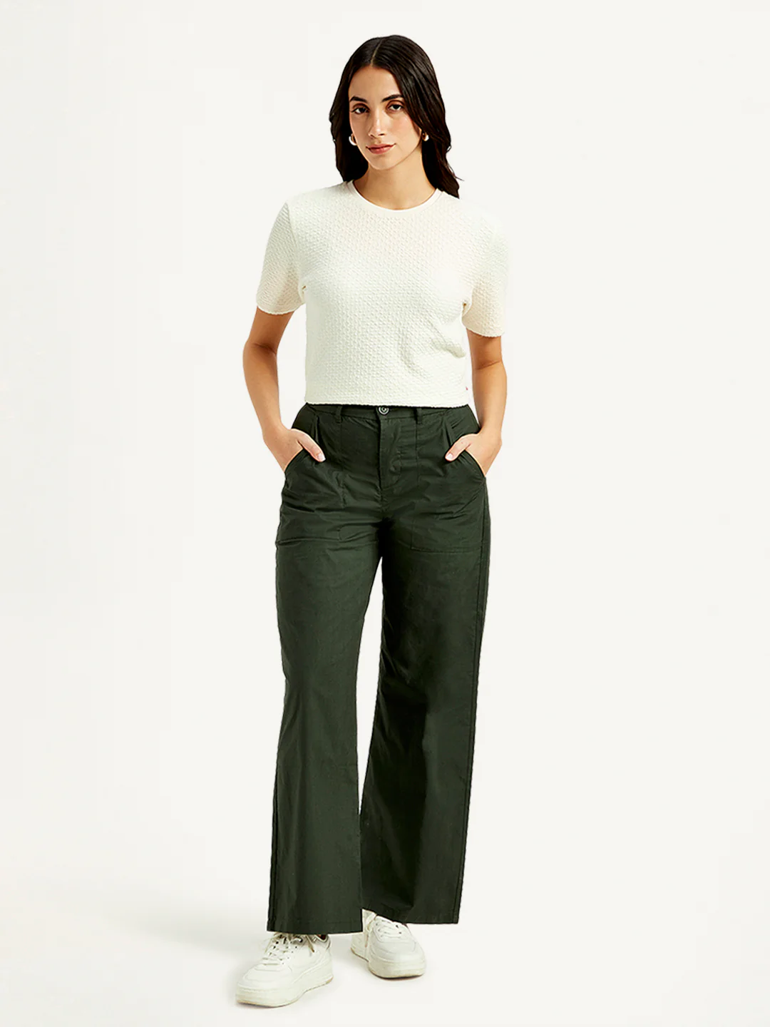 Women's High Rise Olive Straight Fit Trousers - Image 2