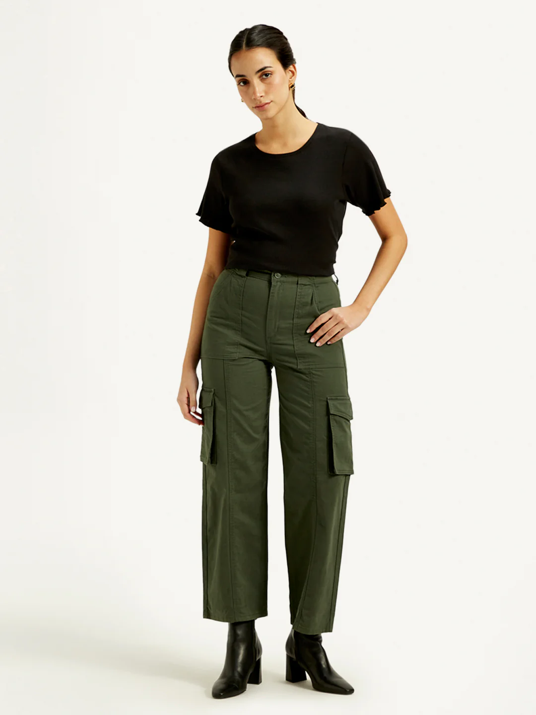 Women's High Rise Olive Wide Leg Cargo Trousers - Image 2